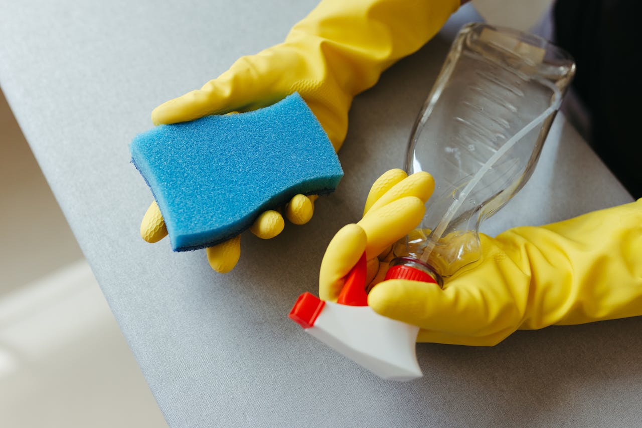 cta-bg Close-up of hands in gloves holding a sponge and spray bottle for cleaning.